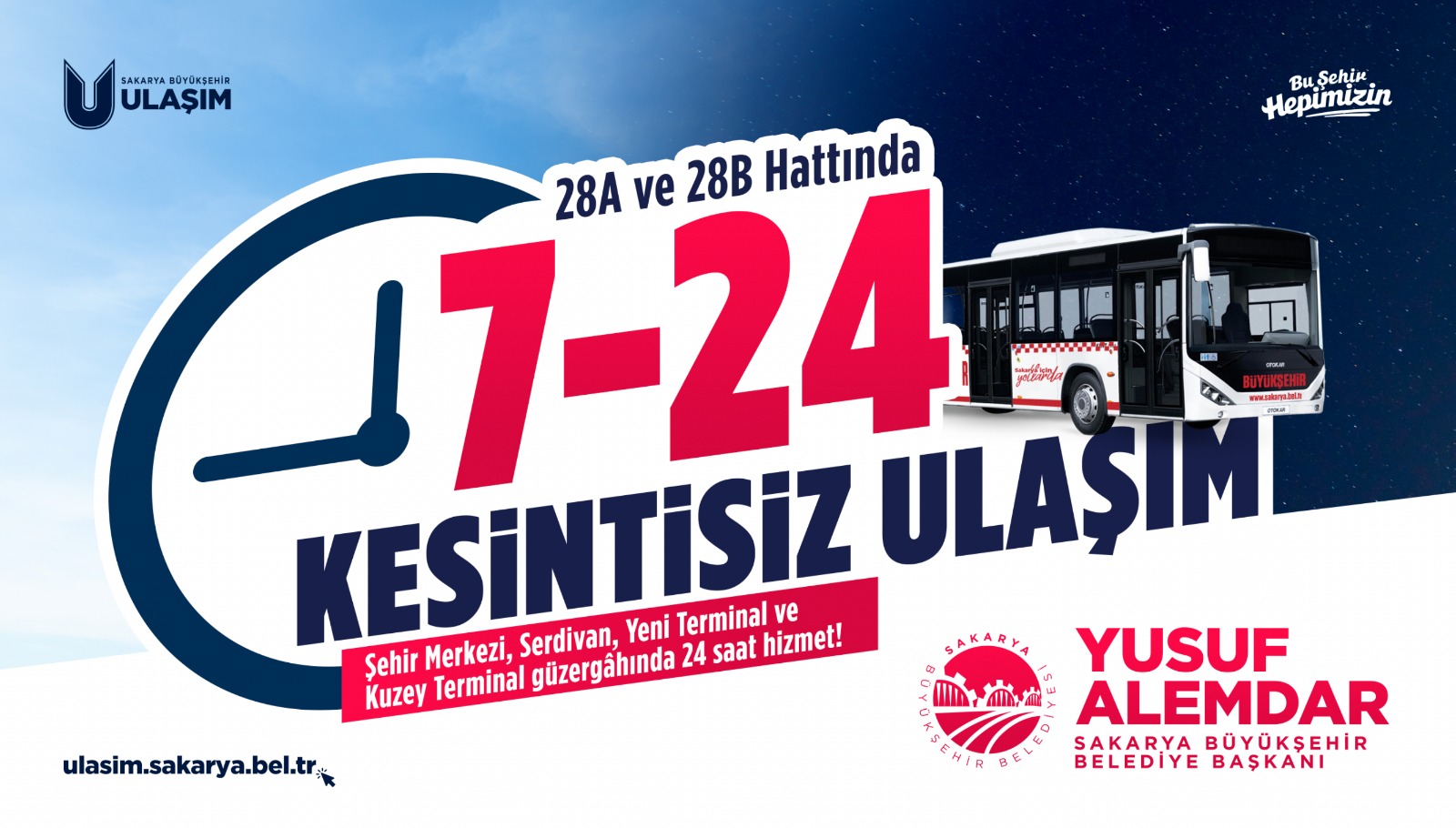 Sakarya’nın en yoğun bölgelerinde toplu taşıma 24 saat durmayacak