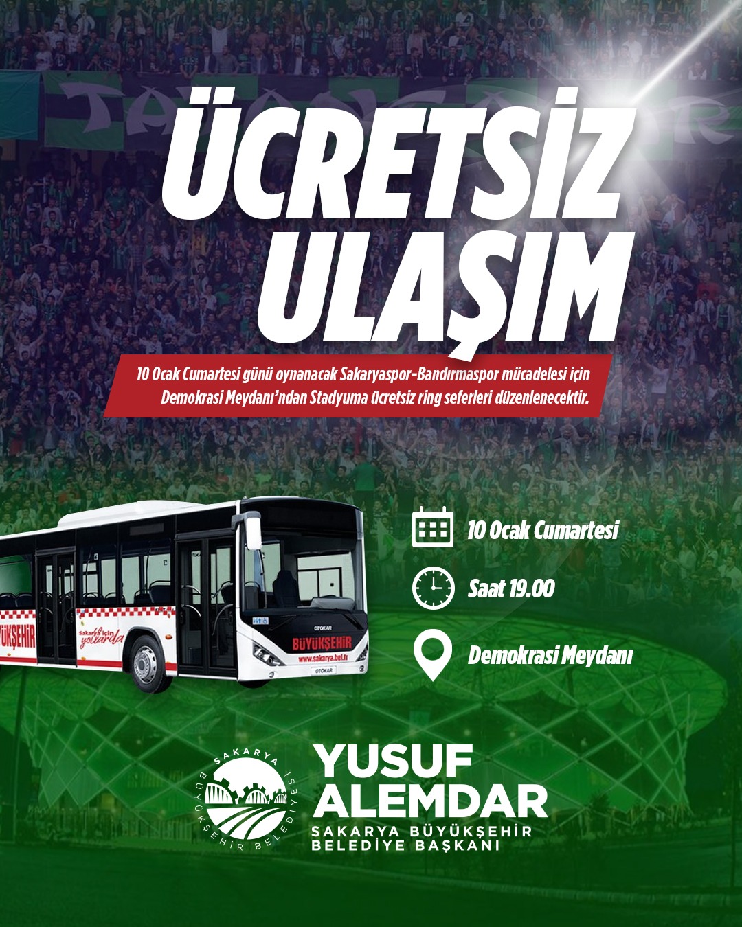 Büyükşehir’den Sakaryaspor maçı için ücretsiz ring seferi